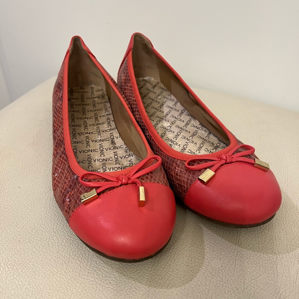 Vionic Minna Pink Bow Snakeskin Ballet Flats Size 8.5